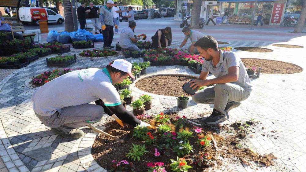 Nazilli Belediyesi kendi yetiştirdiği &ccedil;i&ccedil;eklerle Cumhuriyet Meydanı&rsquo;nı s&uuml;sledi
