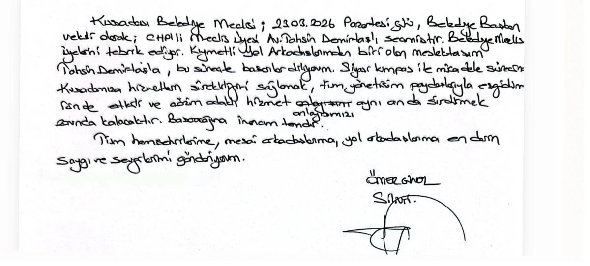 BAŞKAN &Ouml;MER G&Uuml;NEL'DEN VEKİL TAHSİN DEMİRTAŞ'A TEBRİK MESAJI Gelen Kutusu  KUŞADASI BELEDİYESİ <kusadasi.bel.basin@gmail.com>