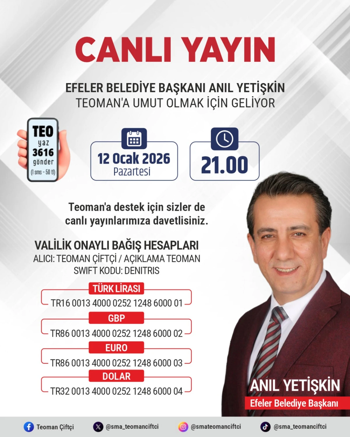 BAŞKAN YETİŞKİN&rsquo;DEN MİNİK TEOMAN&rsquo;A CANLI YAYIN DESTEĞİ
